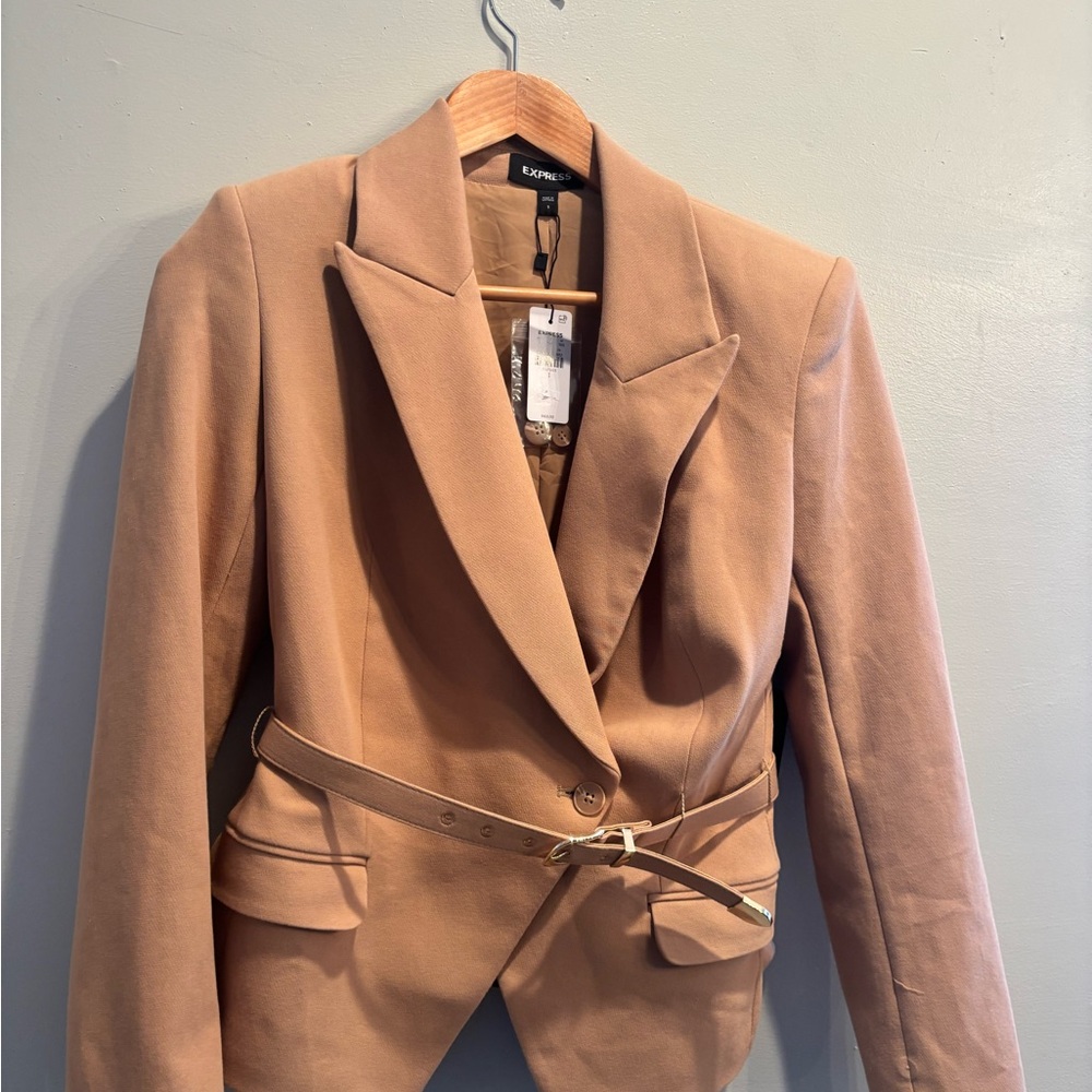 Express Tan blazer preppy double breasted office workwear neutral minimalist - Picture 11 of 16